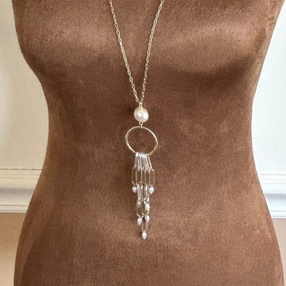 Plunder Design Mixed Metal Pearl Tassel Long Pendant Necklace Gold Silver Tone